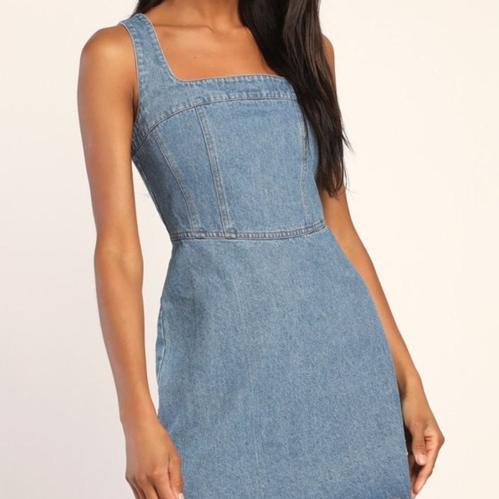 Lulus So Delighted Medium Wash Denim Corset Seam Mini Dress Blue - Size XL